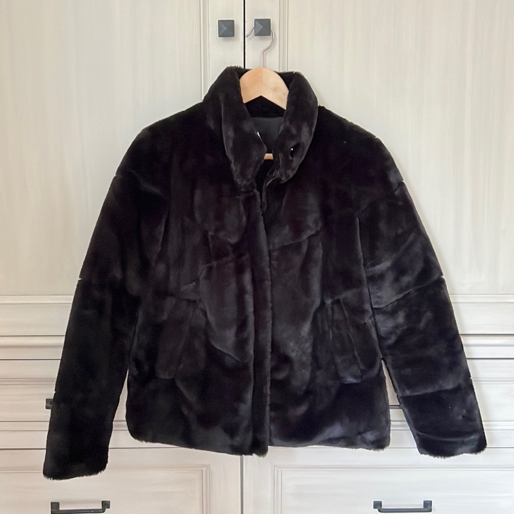 Zara Plush Faux Fur Jacket XS | Black Teddy Zip-up